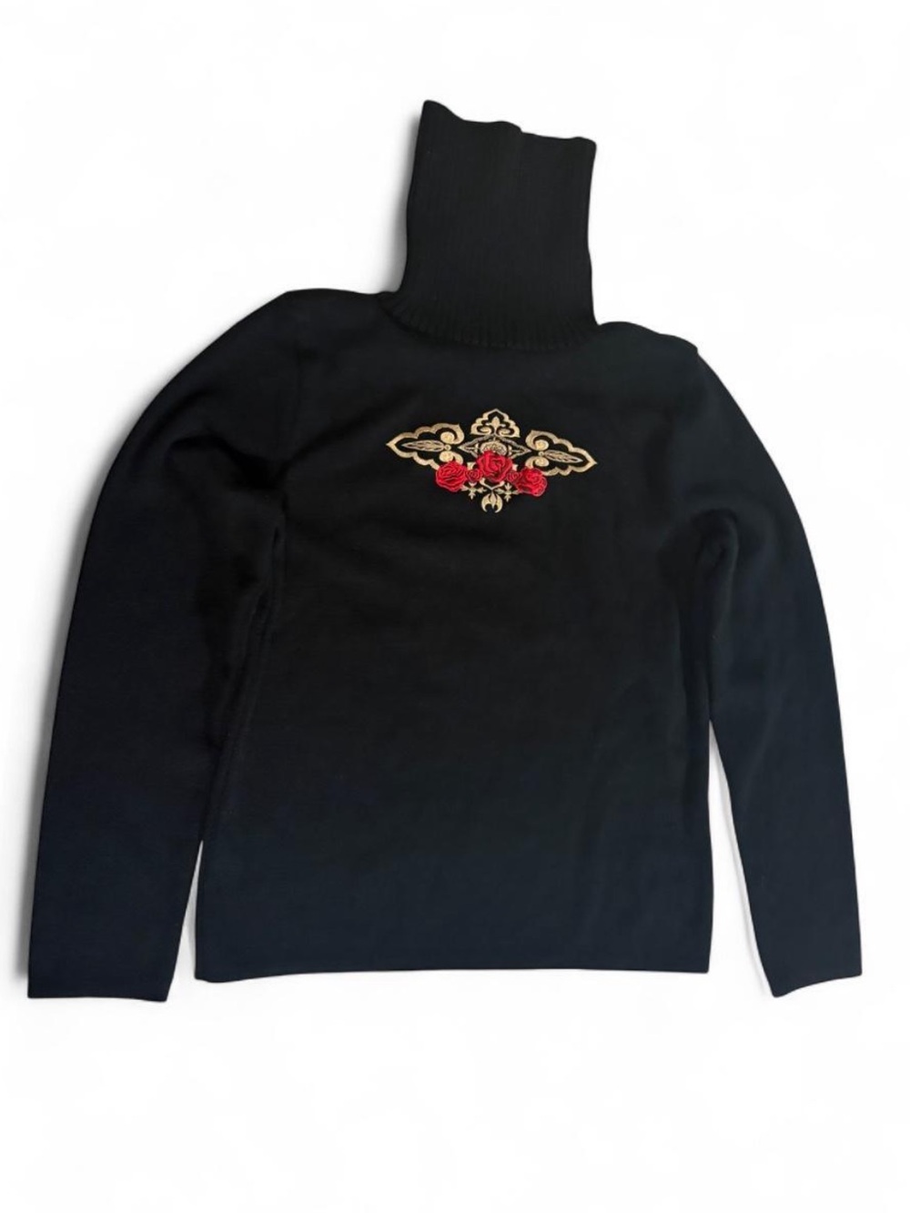 Bogner Black Turtleneck Sweater with Red Rose & Gold Embroidery
